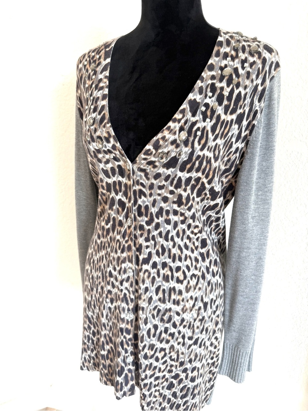Chico’s Gray & Leopard Print Cardigan Women's Sweater With Crystal Embellishing